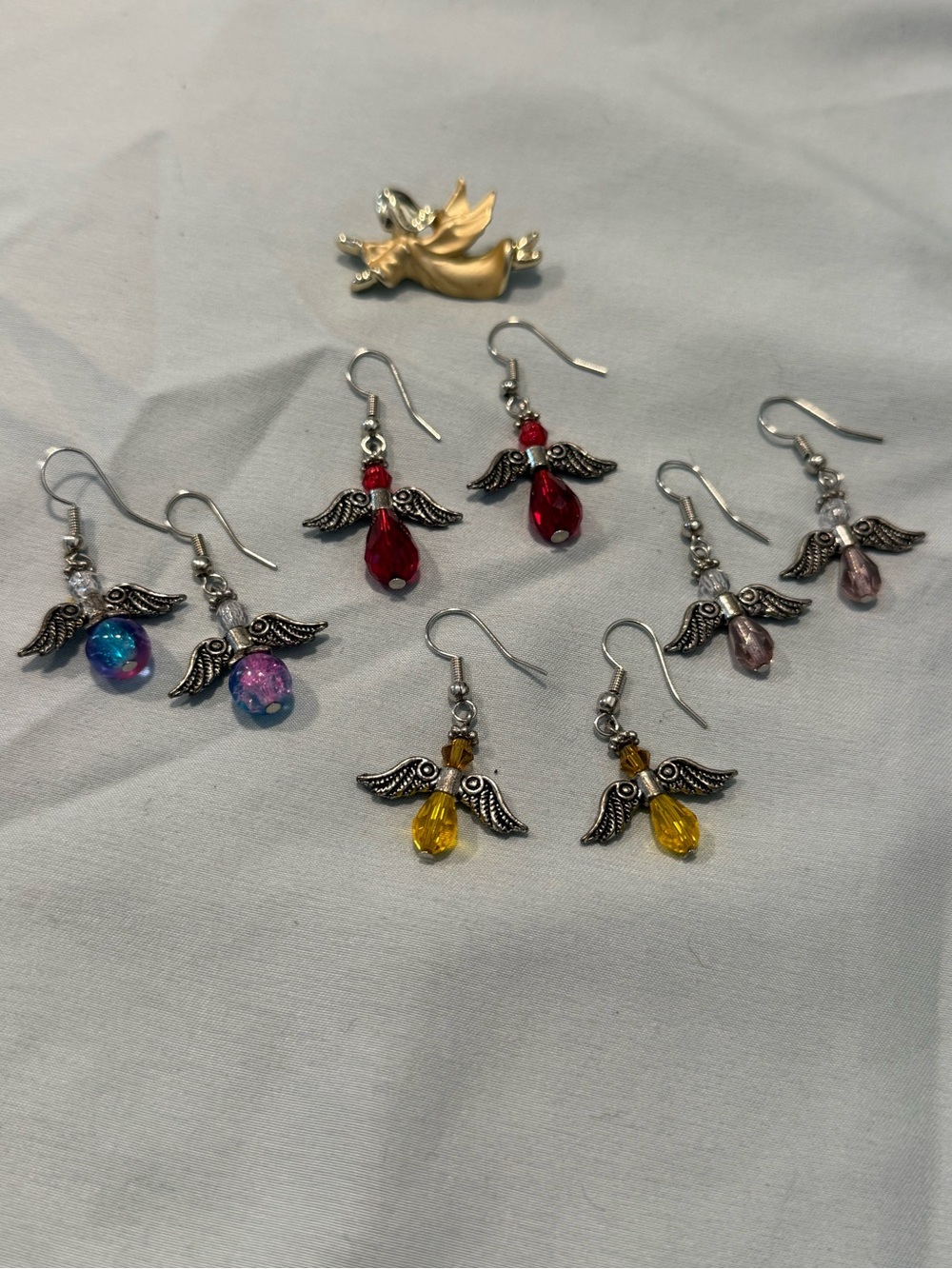 Angel pin & dangle bead earring set colorful religious Christian